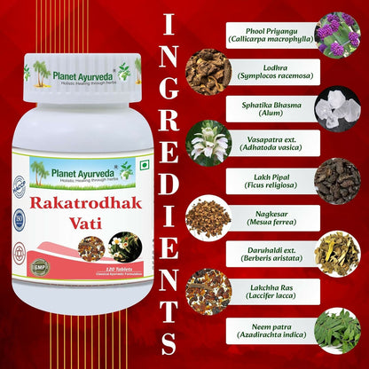 Planet Ayurveda Rakatrodhak Vati Ayurvedic tablets showing the herbal supplement packaging and tablets in a blister pack.