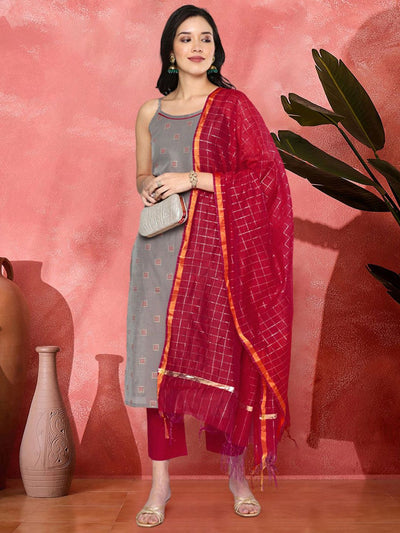 Indyancart SN Women's Woven Design Straight Kurta With Trouser & Dupatta Set