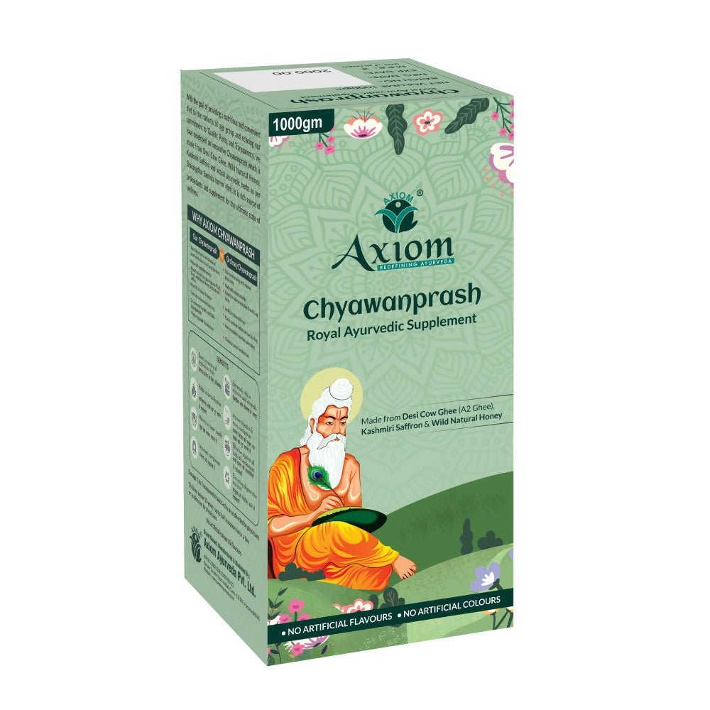 Axiom Royal Ayurvedic Chyawanprash jar with label, showcasing traditional herbal health supplement for immune support.