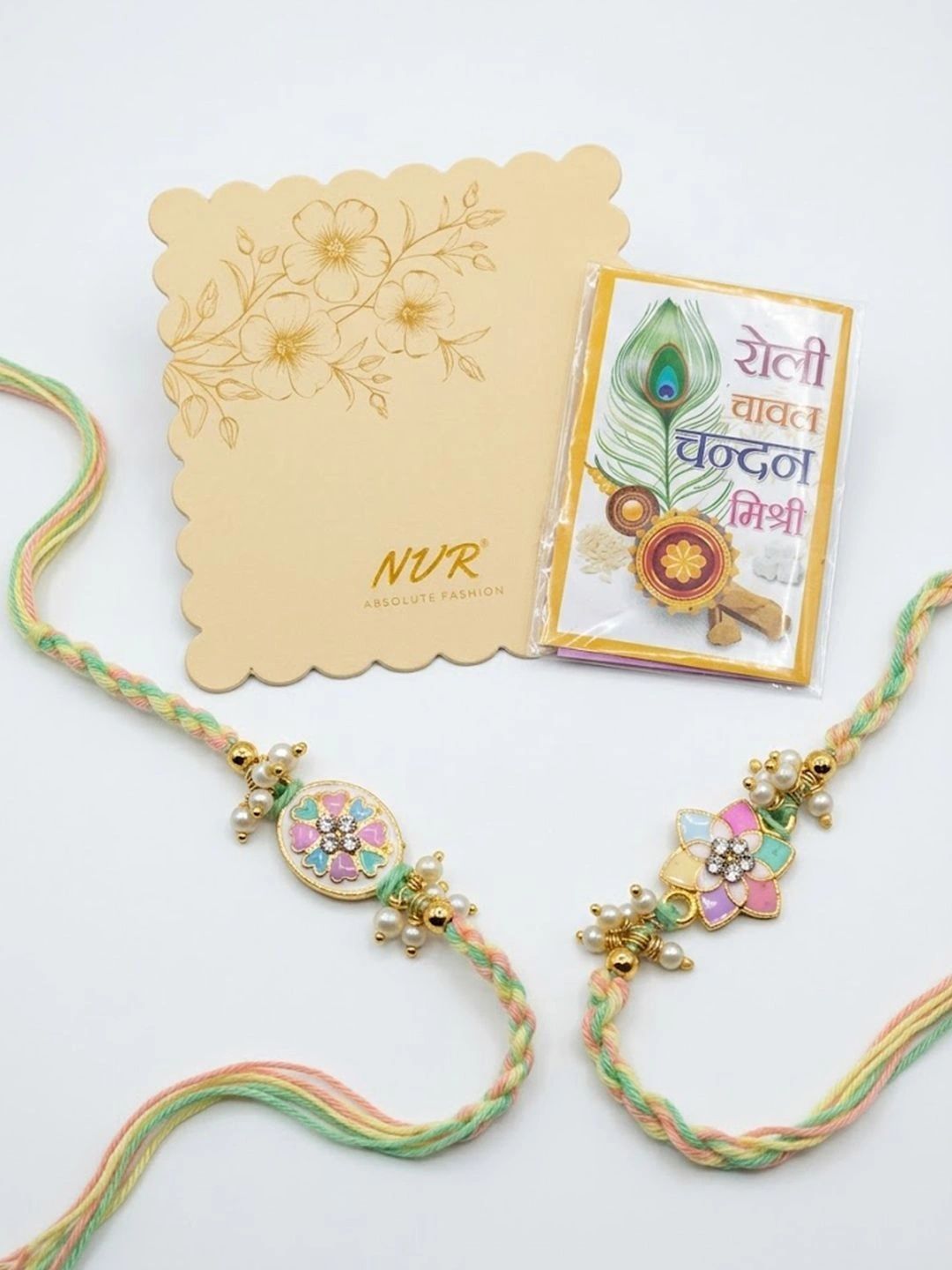 Anouk Set Of 2 Meenakari Floral Thread Rakhi With Roli Chawal Chandan Mishri