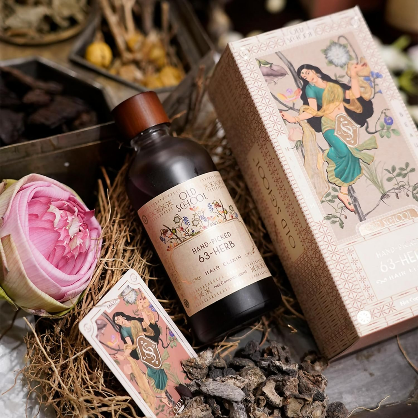 Old School Rituals 63-Herb Hair Elixir bottle with dropper, all-natural hair oil for promoting strong, healthy hair growth.