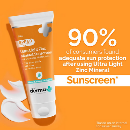 The Derma Co Ultra Light Zinc Mineral Sunscreen with SPF 50, in a sleek tube, showing its lightweight formula and broad-spectrum protection.