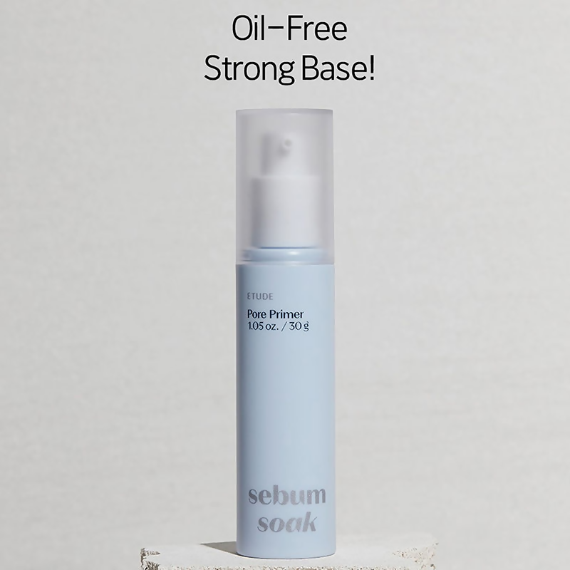 Etude House Sebum Soak Pore Primer in a tube with a white and pink design, designed to minimize pores and control oil on the face.