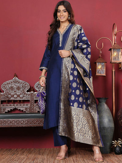 Indyancart VA Women's Floral Zari Embroidered Neck Kurta with Trousers and Woven Brocade Dupatta