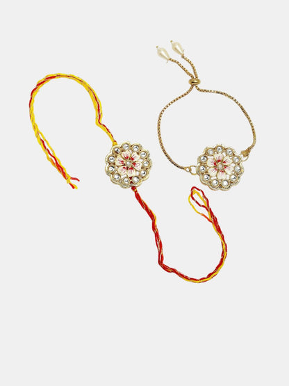 Anouk Kundan Studded & Beaded Floral Bhaiya Bhabhi Rakhi With Roli