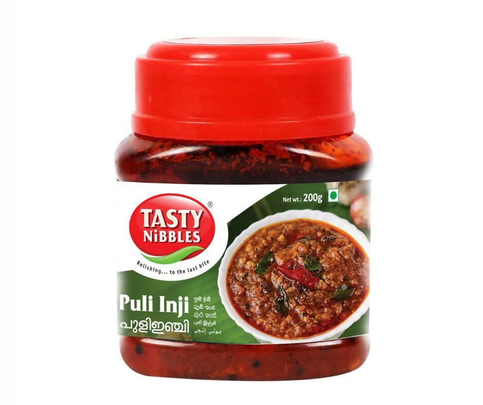 Tasty Nibbles Tamarind Ginger Chutney in a jar, showing a vibrant reddish-brown color and smooth texture.
