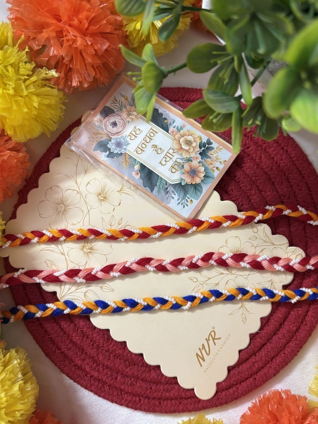 Anouk Set Of 3 Multicolor Thread Rakhi With Roli Chawal Chandan Mishri
