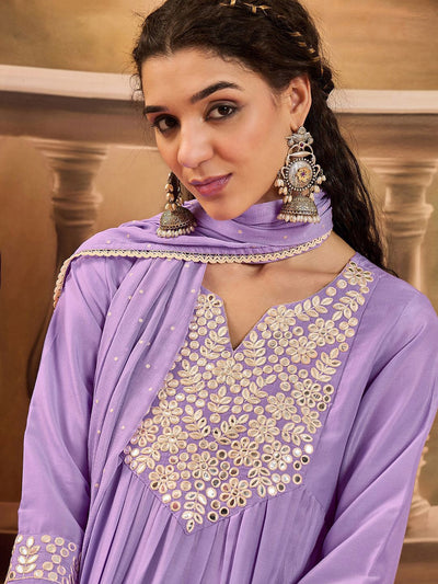 Indyancart SN Women's Thread Embroidered With Mirror Work A-Line Kurta With Trousers & Dupatta