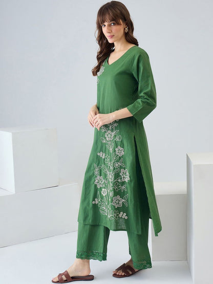 Women Floral Embroidered Regular Thread Work Pure Cotton Kurta with Palazzos