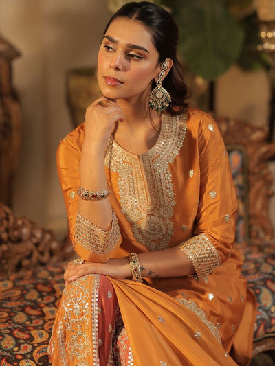 Indyancart IE Ethnic Motifs Embroidered Round Neck Zari Straight Kurta & Palazzos With Dupatta