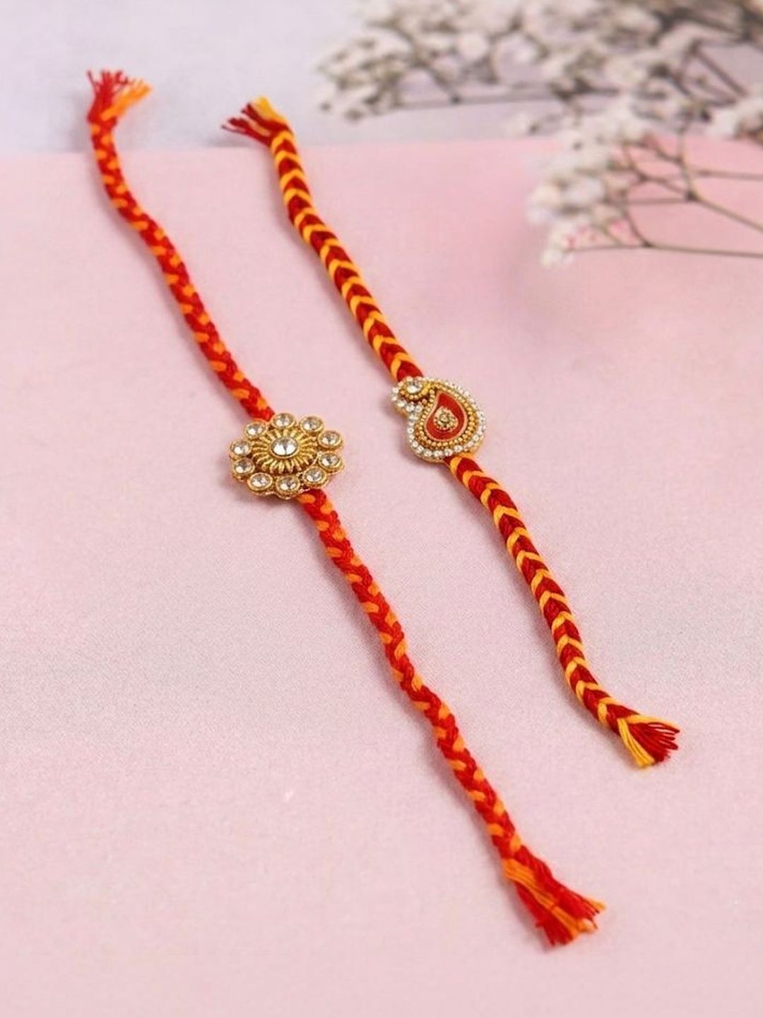 Anouk Set Of 2 Gold & Red Thread & Kundan Rakhi With Roli Chawal Chandan Mishri