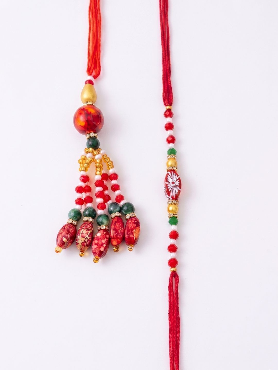 Anouk Set Of 2 Designer Red Artificial Beads Bhaiya Bhabhi Rakhi With Roli Chawal Chandan