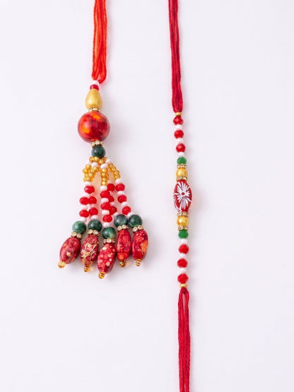Anouk Set Of 2 Designer Red Artificial Beads Bhaiya Bhabhi Rakhi With Roli Chawal Chandan