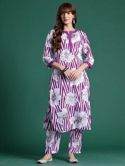 Dhiyona IE Printed Pure Cotton Round Neck Tunic with Trousers Co-Ords