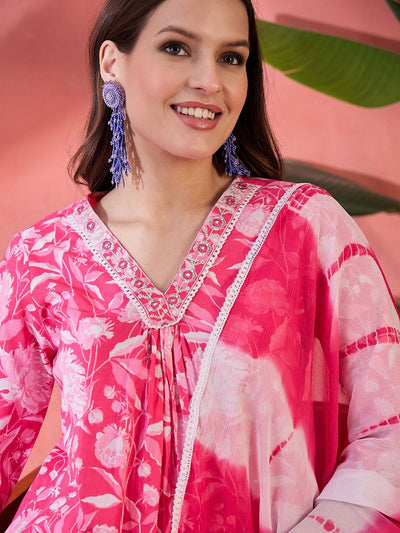 Indyancart SN Women's Pink Floral Printed Pure Cotton A-Line Kurta With Trouser And Dupatta