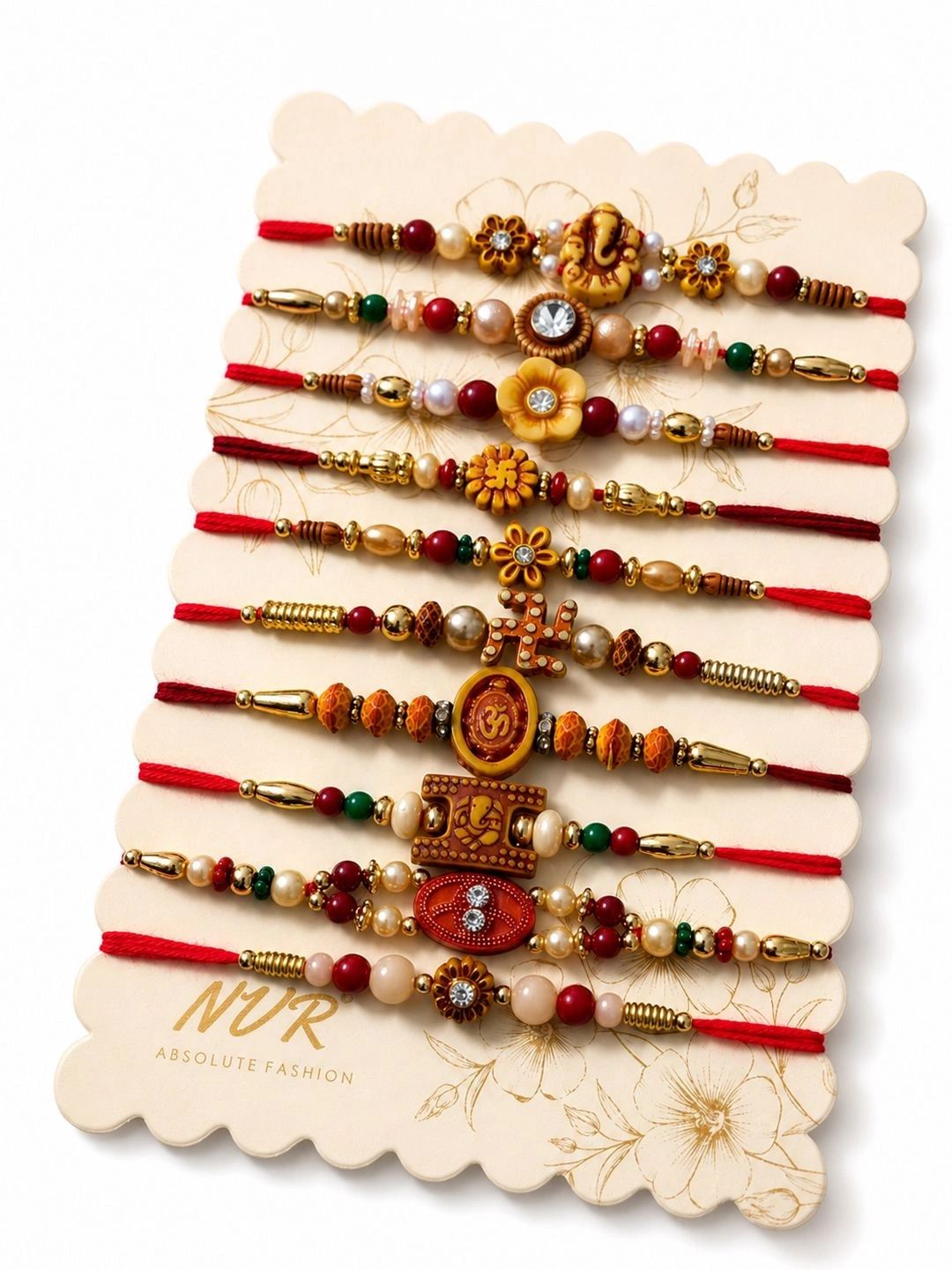 Anouk Set Of 10 Artificial Stones & Beads Thread Rakhi With Roli Chawal Chandan Mishri