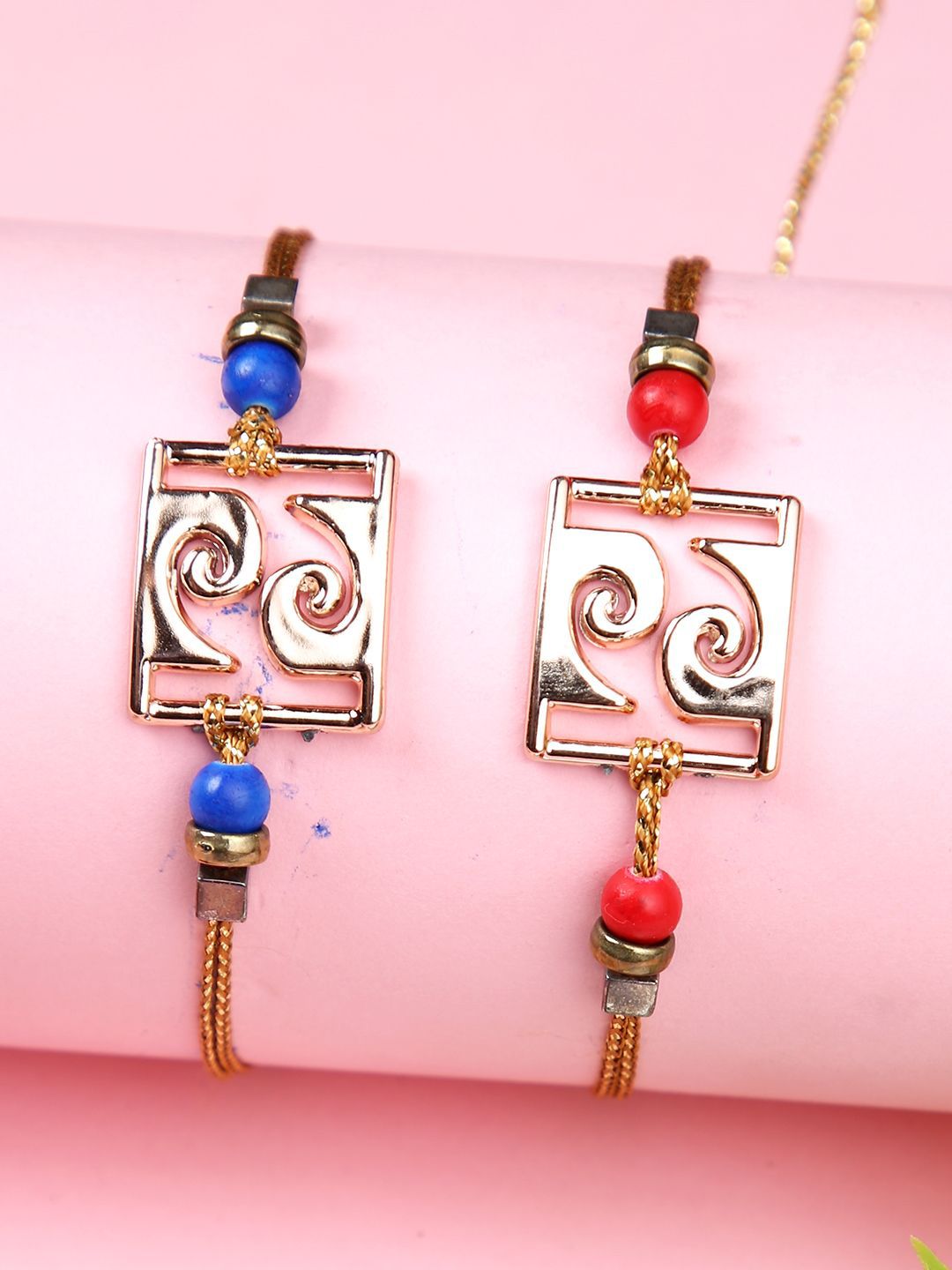 Anouk Red Set Of 2 Beaded Square Charm Thread Rakhis With Roli Chawal & Greeting Card
