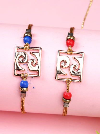 Anouk Red Set Of 2 Beaded Square Charm Thread Rakhis With Roli Chawal & Greeting Card
