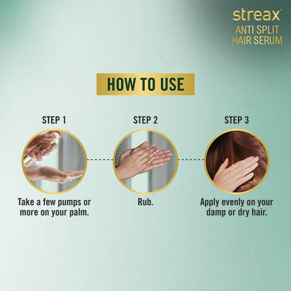 Streax Professional Anti-Split Hair Serum with Bio-Elixir showing a sleek bottle with a dropper applicator on a white background.