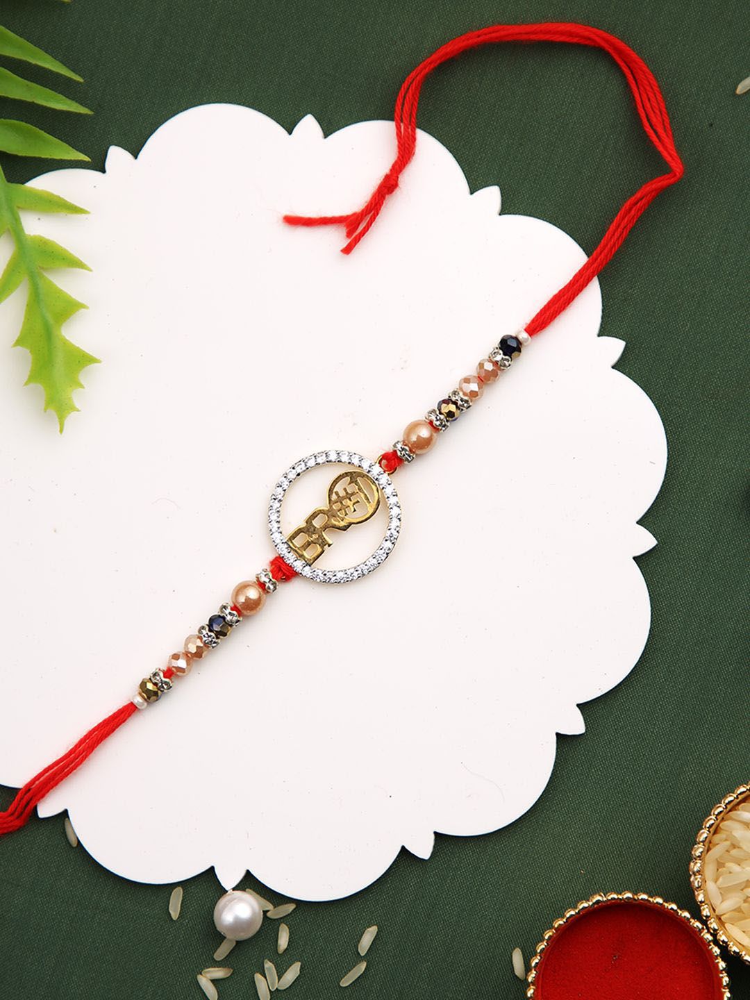 Anouk Red Stone Studded & Beaded Thread Rakhi With Roli Chawal & Greeting Card
