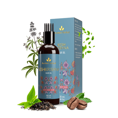 Avimee Herbal Anti Grey Hair Kit with Shakuntala Hair Cleanser and Water Softener, featuring herbal ingredients like amla and henna oil.