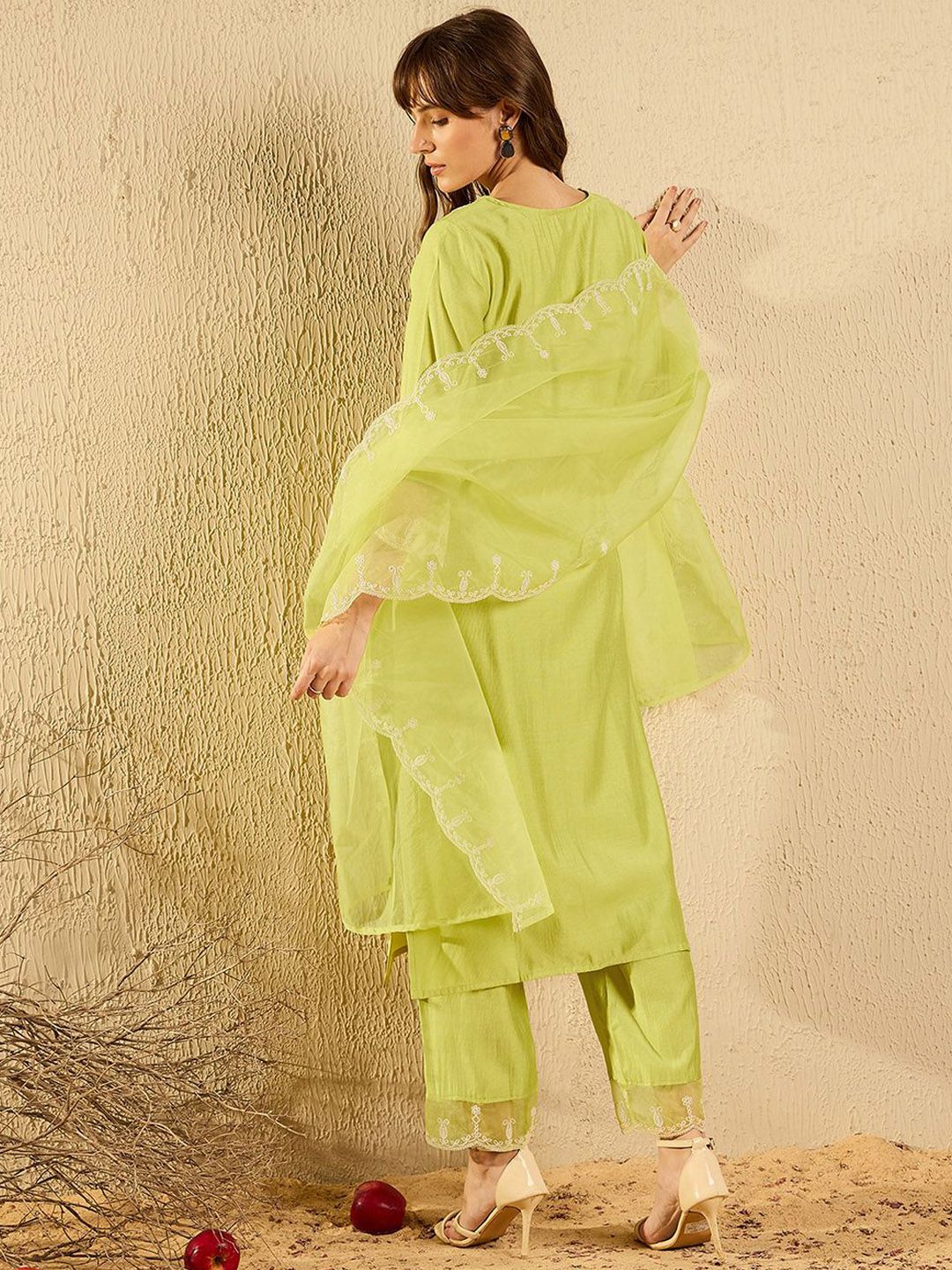Indyancart IE Women Ethnic Motifs Embroidered Regular Aari Work Liva Kurta with Trousers & With Dupatta