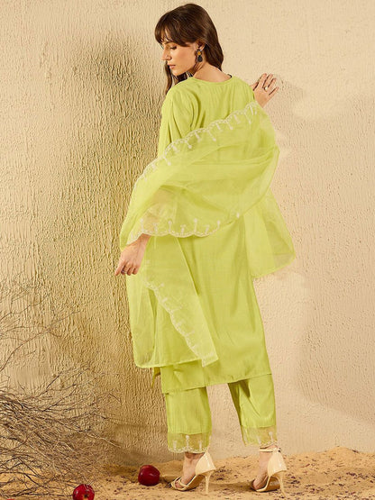 Indyancart IE Women Ethnic Motifs Embroidered Regular Aari Work Liva Kurta with Trousers & With Dupatta