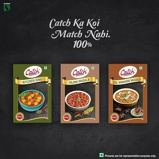 Assorted Catch Masala Powders including Kitchen King, Rajma Masala, and Dal Makhani Masala in 100g packs on a kitchen counter.