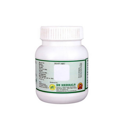 SN Herbals Giloy Churna in a glass container, showing the fine Ayurvedic herbal powder for health and wellness.
