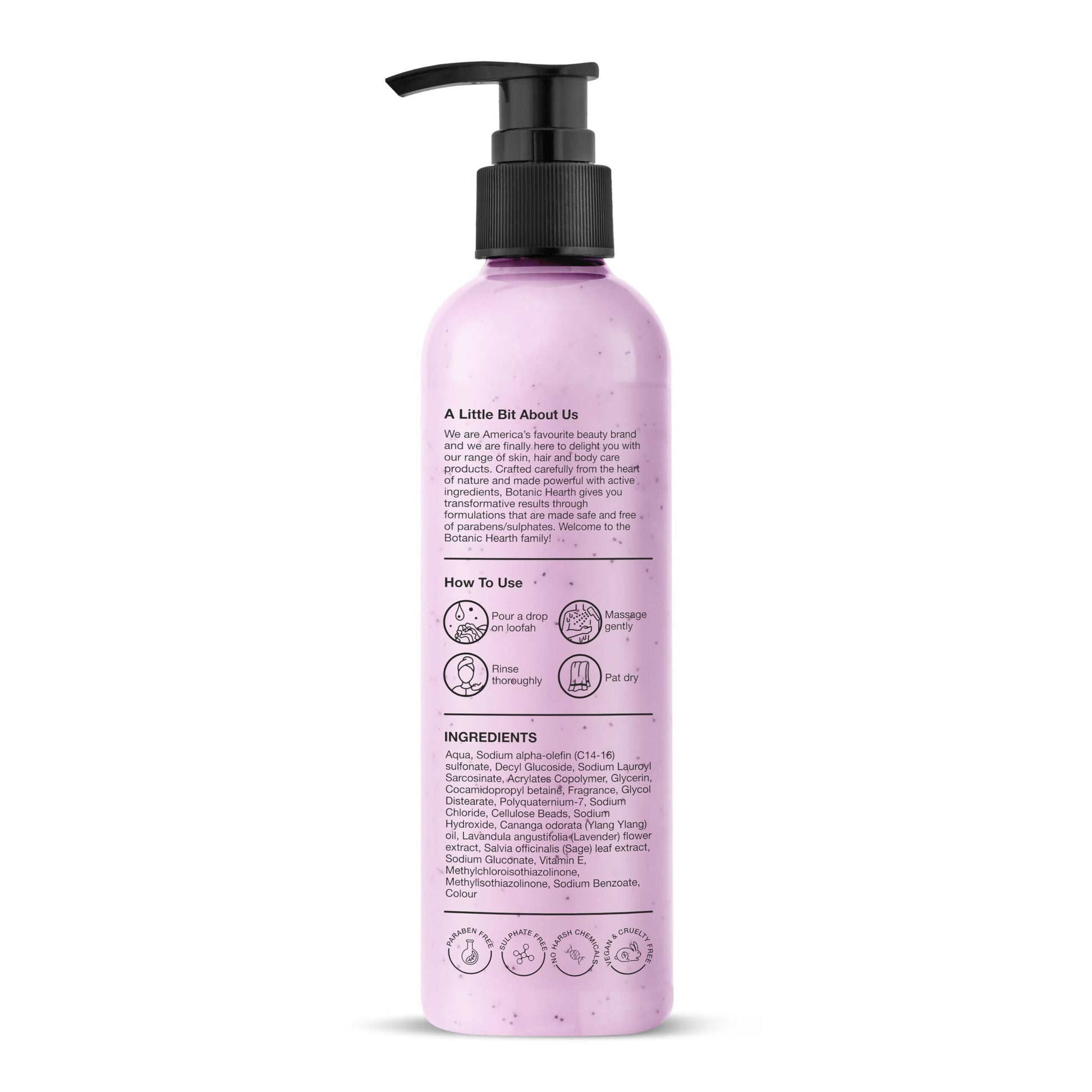 Botanic Hearth Bulgarian Lavender and Ylang Ylang body wash with Vitamin E and sage leaf extracts, shown in a clear bottle.