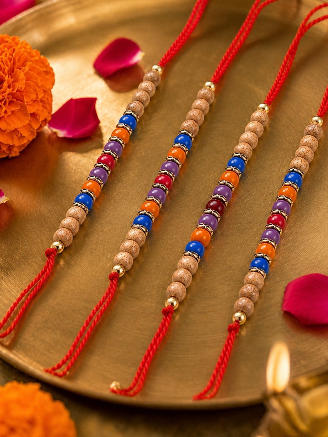 Anouk Set Of 4 Multicolor Circular Beads Studded Thread Rakhi With Roli Chawal Chandan