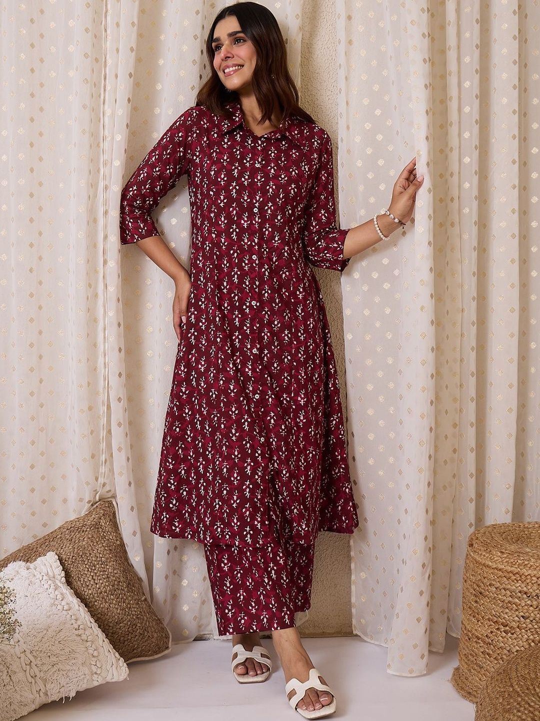 Women Floral Printed Pure Cotton Anarkali Kurta with Trouser