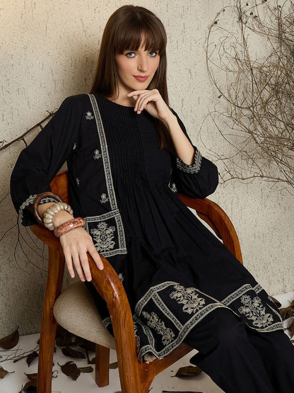 Dhiyona IE Women Embroidered Round Neck Cotton Top and Trousers Co-Ords