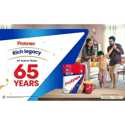 Protinex creamy vanilla health drink mix for adults, featuring a container of nutritional protein supplement powder.