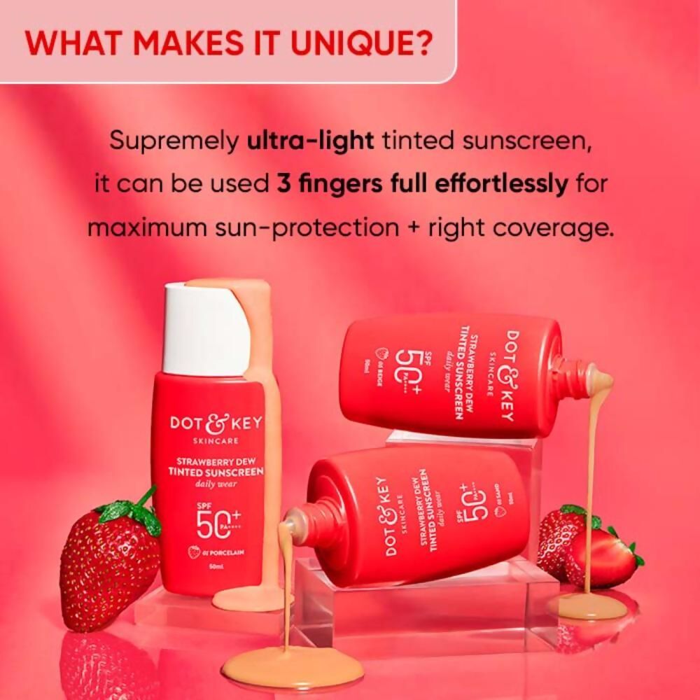 Dot & Key Strawberry Dew Tinted Sunscreen in 05 Beige, showing the lightweight tube with product label and applicator.