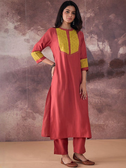 Self Design Round Neck Straight Kurta With Trouser