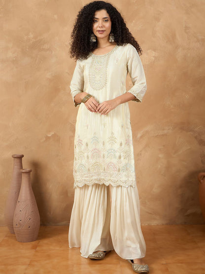 Indyancart VA Women Embroidered Straight Kurta with Sharara & Dupatta
