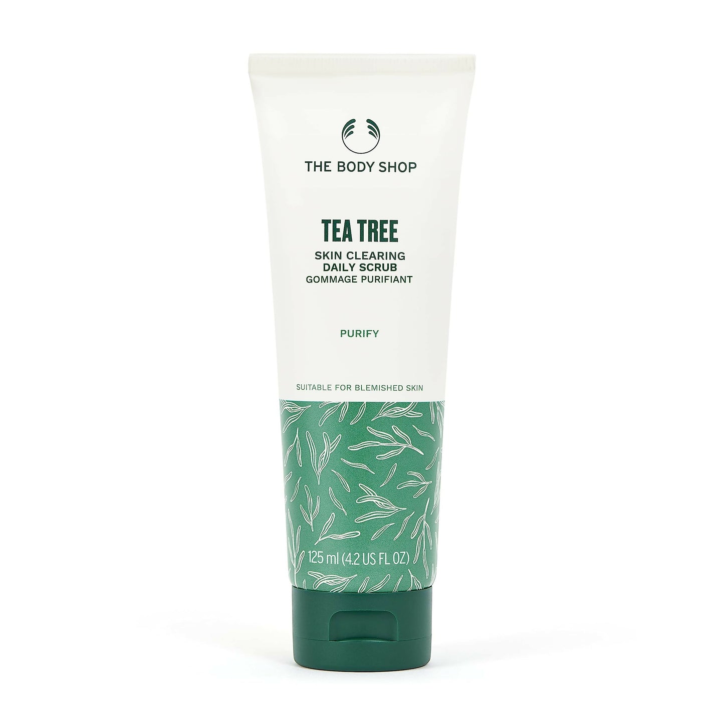 The Body Shop Tea Tree Skin Clearing Daily Scrub showing a tube of exfoliating scrub with tea tree extract and natural ingredients.