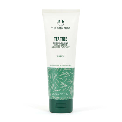 The Body Shop Tea Tree Skin Clearing Daily Scrub showing a tube of exfoliating scrub with tea tree extract and natural ingredients.