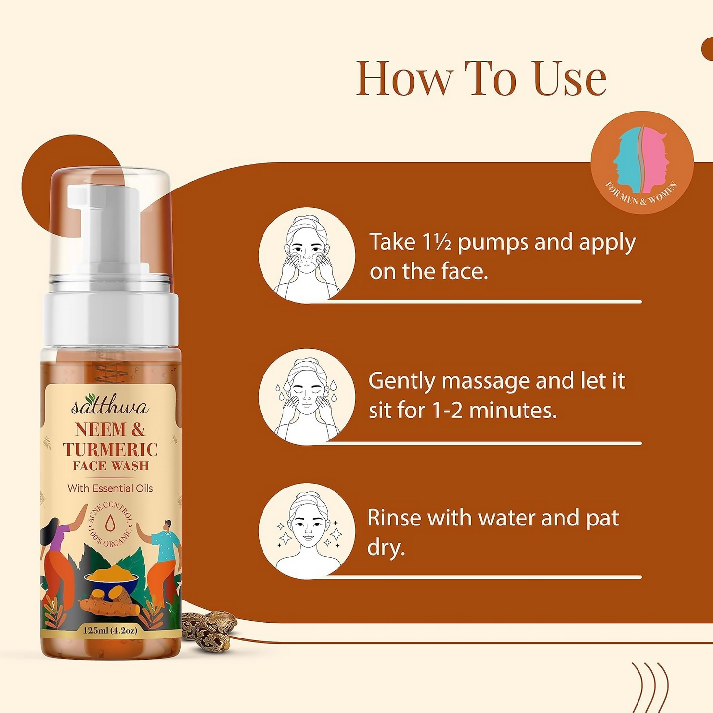Satthwa Neem and Turmeric Face Wash for acne and pimples, shown in a clear bottle with natural ingredients.
