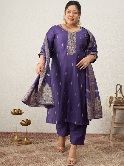 Indyancart Women's Ethnic Motifs Embroidered Regular Kurta with Trousers & With Dupatta