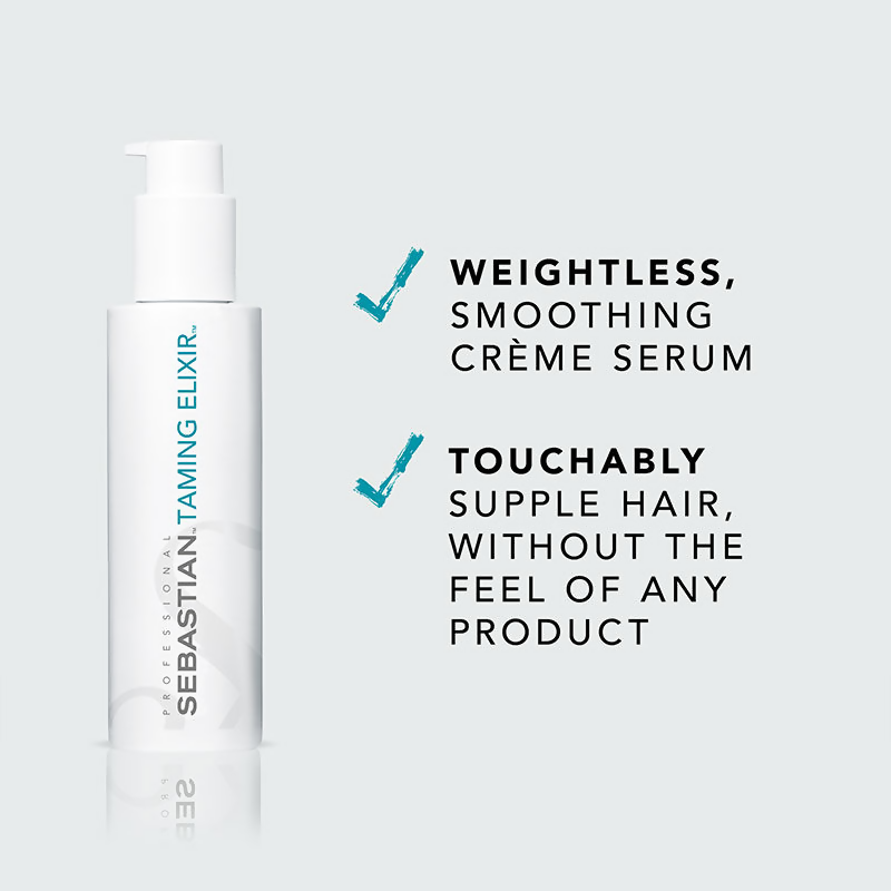 Sebastian Professional Taming Elixir weightless smoothing hair serum applied to sleek, shiny hair strands.