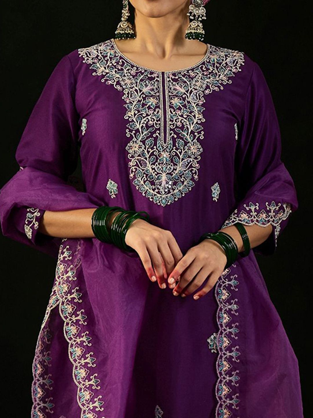 Indyancart IE Purple Floral Embroidered Straight Kurta with Trousers & Dupatta