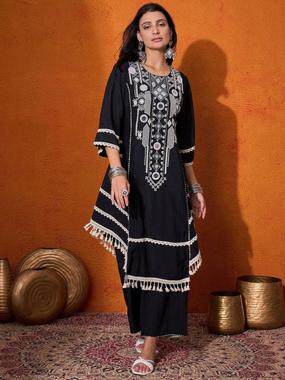 Indyancart SN Women's Floral Embroidered Regular A-Line Kurta with Palazzo