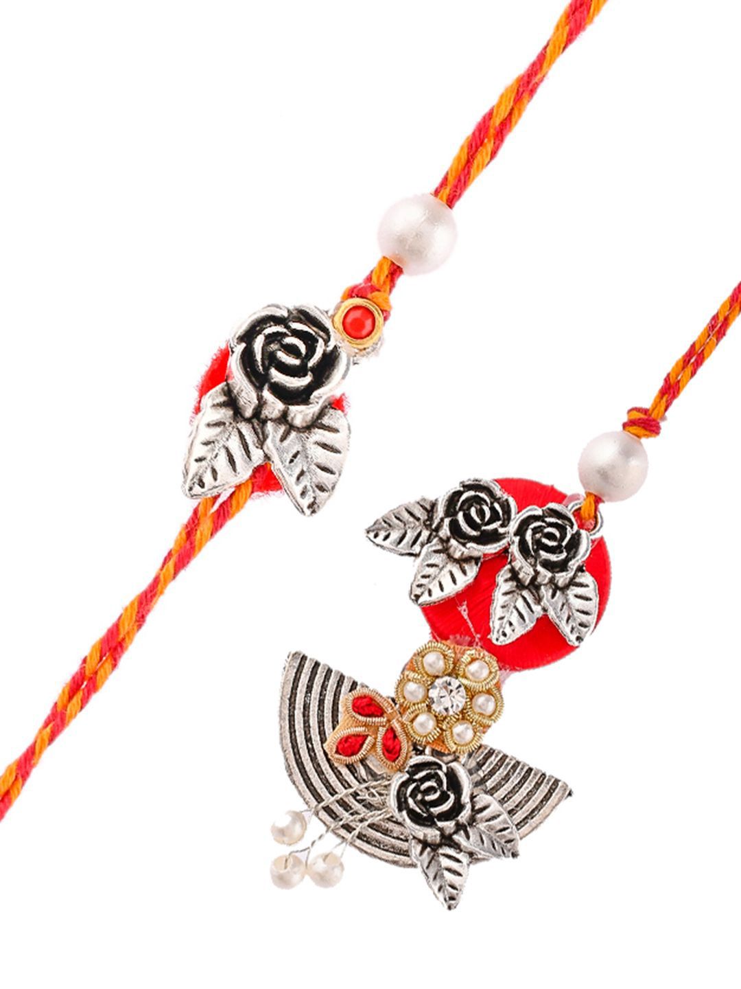 Anouk Silver-Toned Beaded Bhaiya Bhabhi Rakhi With Roli Chawal & Greeting Card