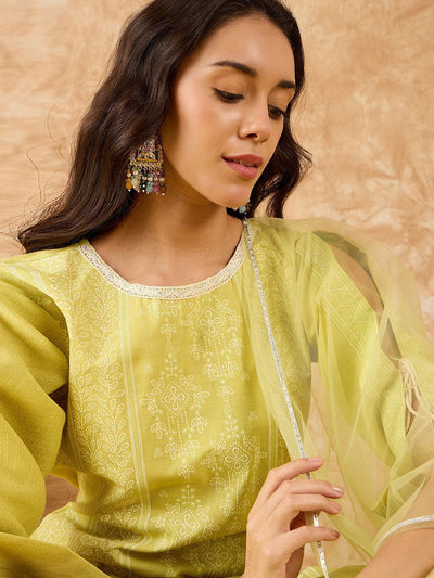 Dhiyona IE Floral Printed Straight Liva Kurta with Palazzo & Dupatta