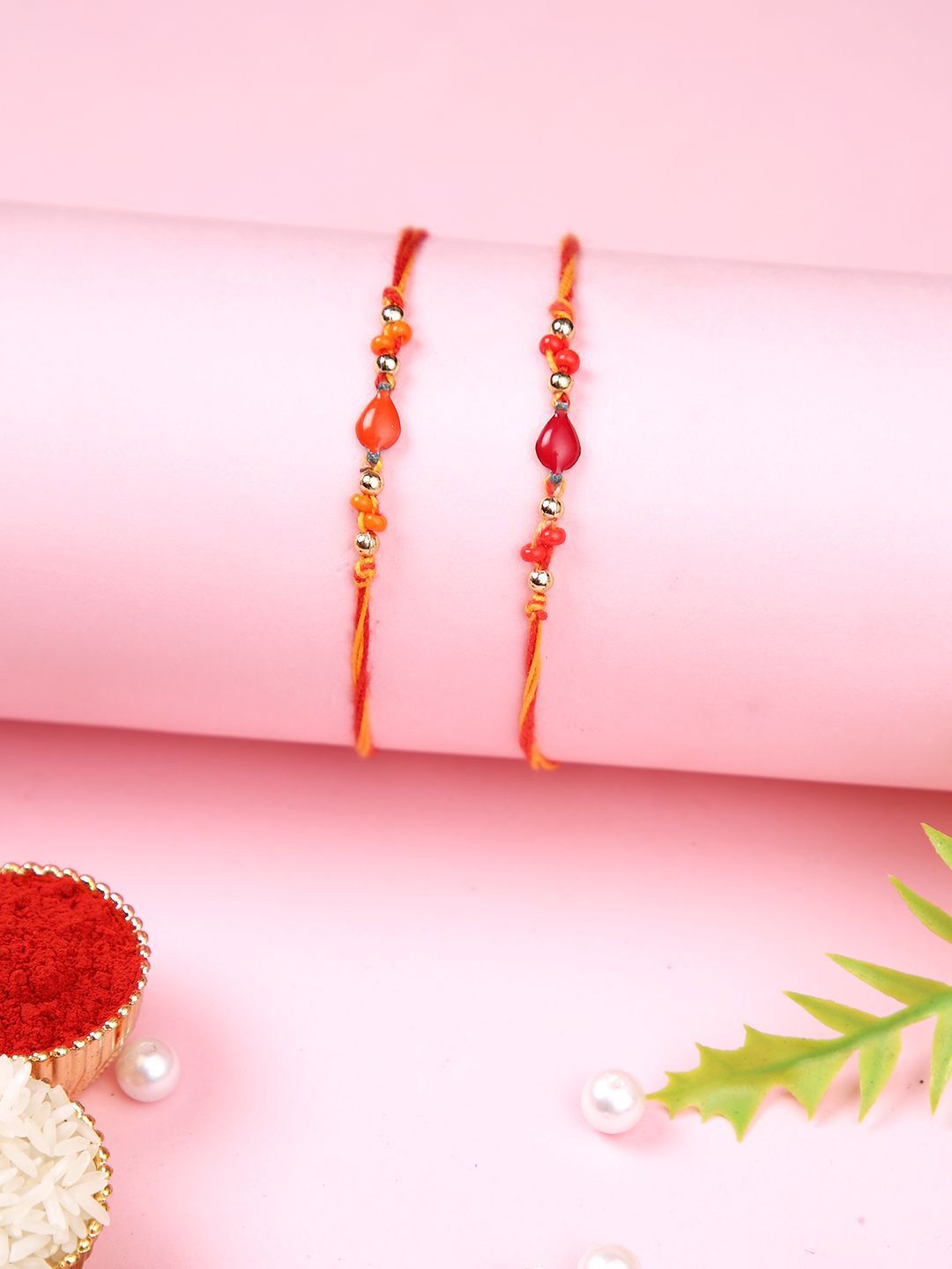 Anouk Orange Set Of 2 Beaded Thread Rakhis With Roli Chawal & Greeting Card