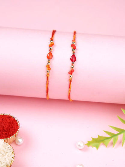 Anouk Orange Set Of 2 Beaded Thread Rakhis With Roli Chawal & Greeting Card