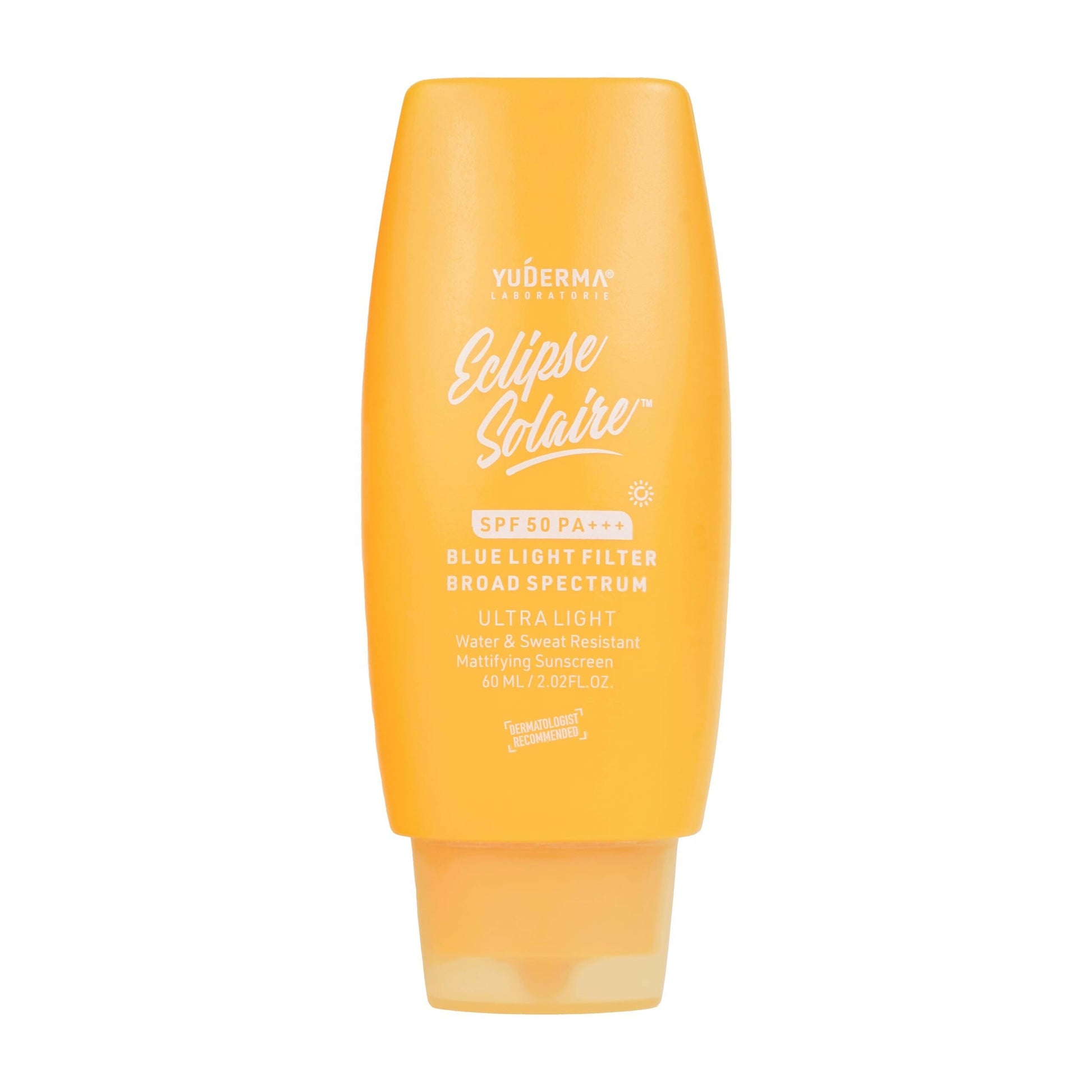 Yuderma Eclipse Solaire Mattifying Sunscreen SPF 50 PA+++ for normal skin, showing the sunscreen tube with SPF label and packaging