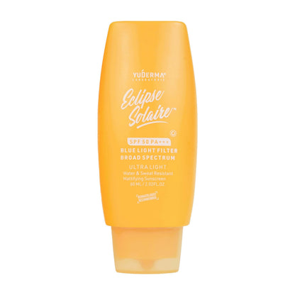 Yuderma Eclipse Solaire Mattifying Sunscreen SPF 50 PA+++ for normal skin, showing the sunscreen tube with SPF label and packaging